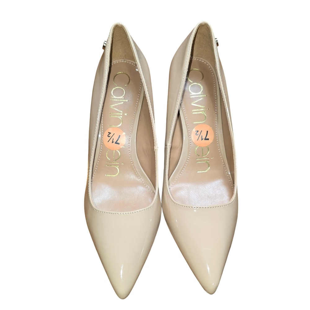 Calvin Klein Pumps Women 7.5 Nude Beige Excellent Patent Pointed Toe Heels